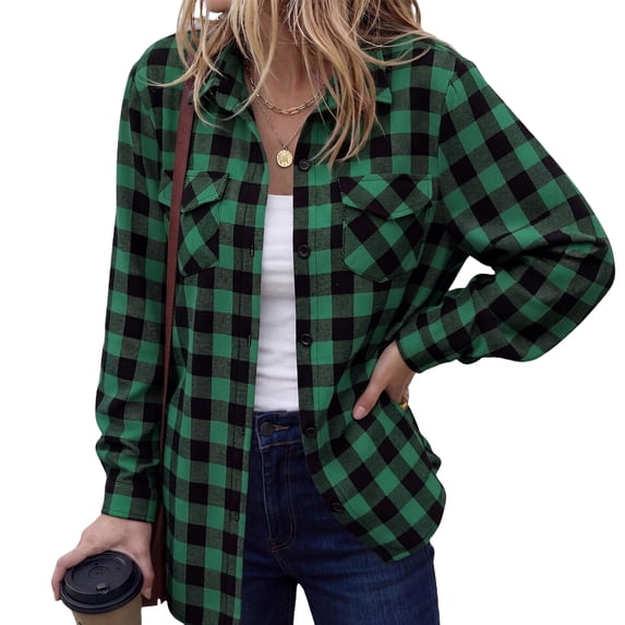 Plaid Flannel Shirts for Women Long Sleeve Button Down Shirt, L