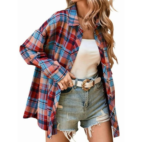 Plaid Flannel Shirts for Women Loose Fit Boyfriend Button Down Shirt Long Sleeve Casual Flannel Blouse Tops Red M