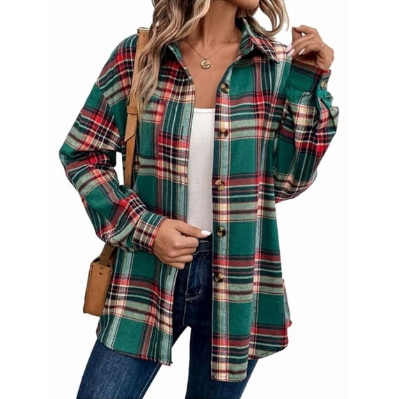 Plaid Flannel Shirts for Women Loose Fit Button Down Shirt Long Sleeve Casual Flannel Blouse Tops Green XL
