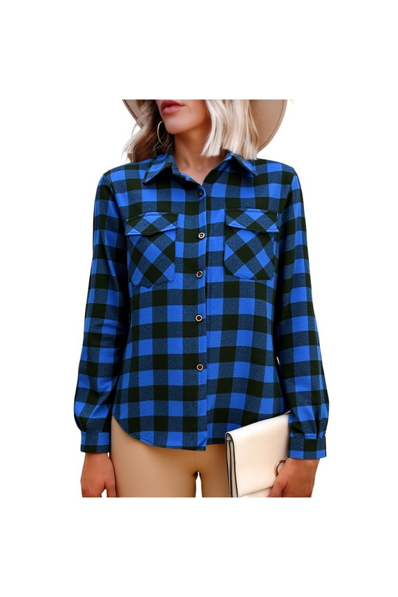Plaid Flannel Shirts for Women Loose Fitting Cotton Button Shirt Long Sleeve Casual Flannel Blouse Tops Blue S