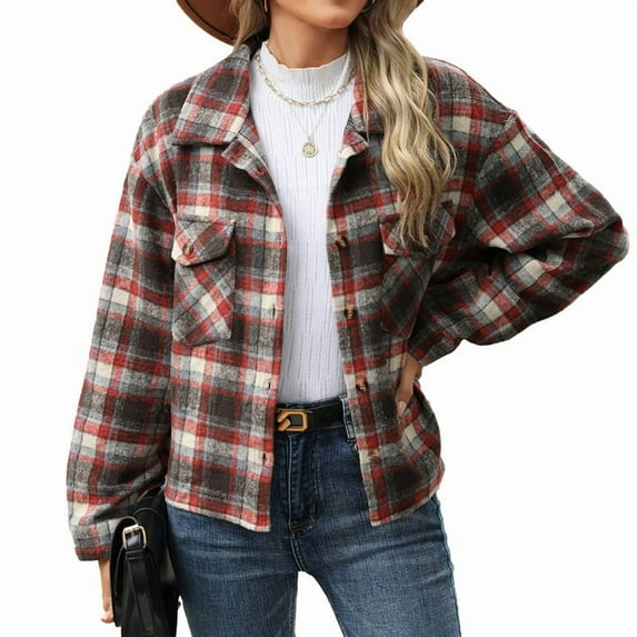 Plaid Flannel Shirts for Women Plaid Shirts Oversized Long Sleeve Casual Button Down Blouse Top Red S