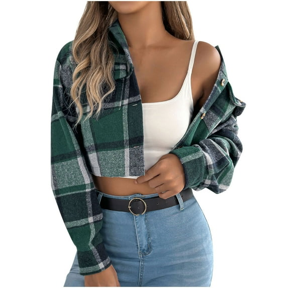 Plaid Flannels Jackets for Women Cropped Shacket Button up Shirt Jacket Fall Coat Tops Oversized Hoodies for Lady Zip up Green XL