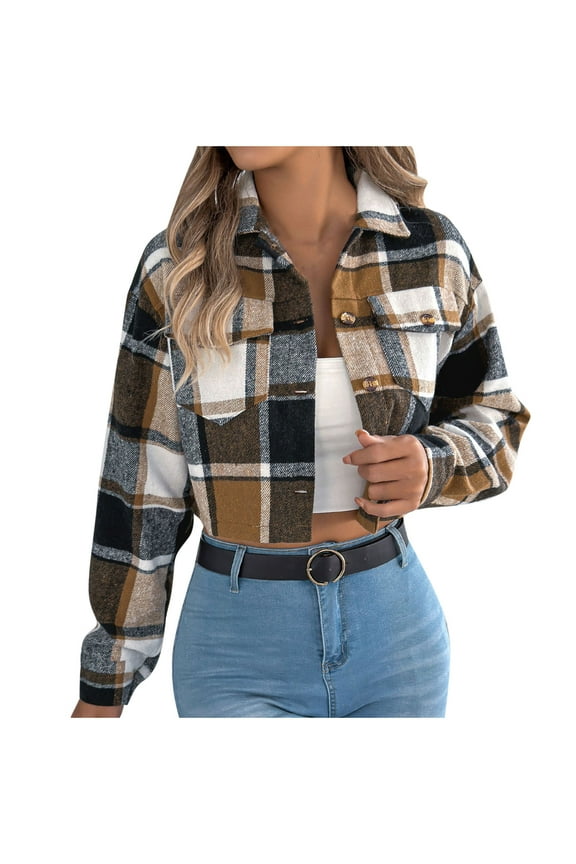 Plaid Flannels Jackets for Women Cropped Shacket Button up Shirt Jacket Fall Coat Tops Winter Jackets Ladies Khaki L