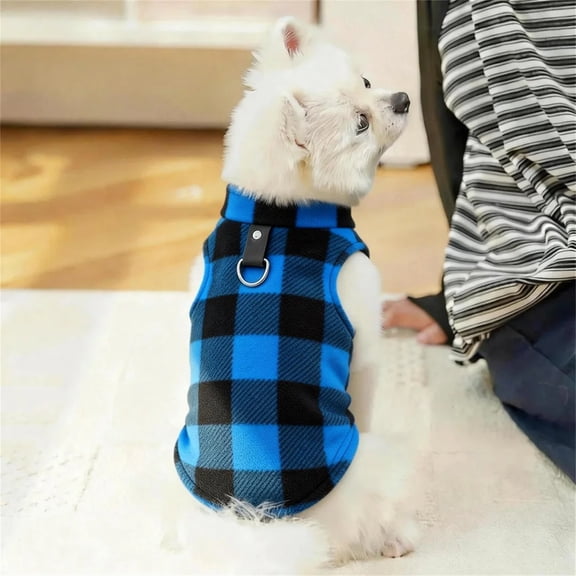 Plaid Fleece Dog Vest with Built-In D-Ring Leash Attachment,Warm Soft Pet Jacket for Small Dogs,Buffalo Check Winter Puppy Apparel,Blue