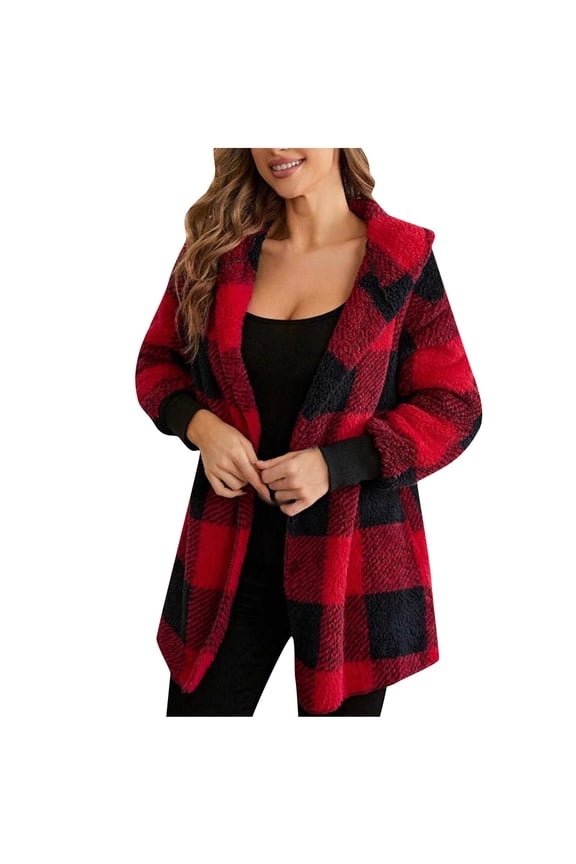 Plaid Fleece Jacket Women Long Comfy Fuzzy Open Front Lapel Collar Loose Soft Warm Winter Cardigans Coats (3XL, Red)