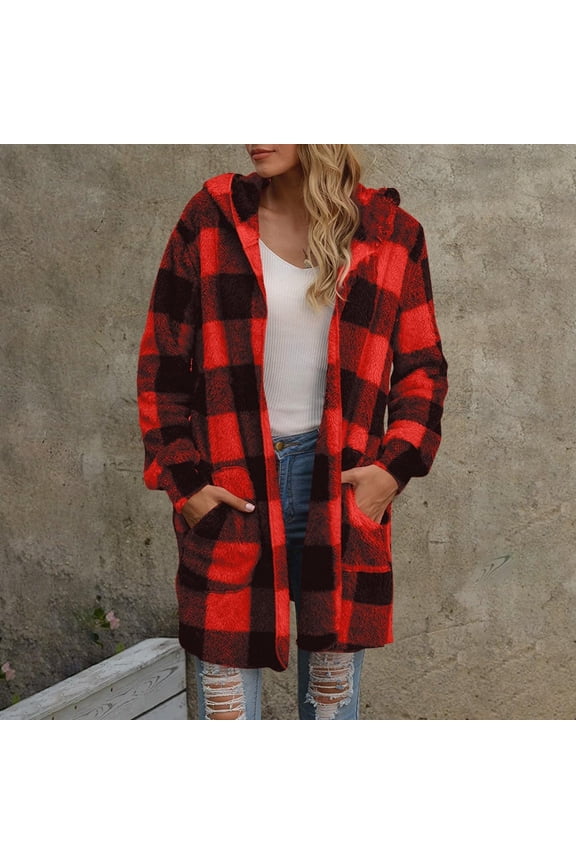 Plaid Fleece Jacket for Women Long Comfy Fuzzy Open Front Hooded Cardigans Loose Soft Warm Winter Coats with Pockets New Jacket for Women Red XXL