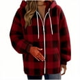 thumbnail image 1 of Plaid Fleece Jackets for Women, Long Sleeve Zip up Hoodie Fall Winter Hooded Warm Cardigan Coats with Pockets New Lightweight Jacket Women Red XXL, 1 of 3
