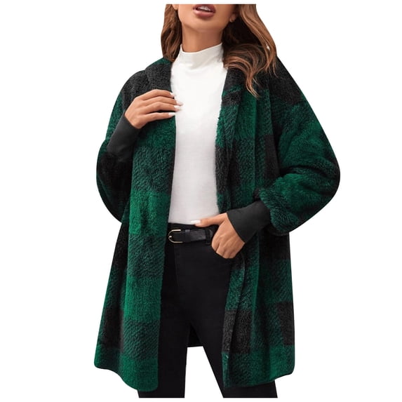 Plaid Fleece Lapel Collared Coat for Women, Fashionable Loose Coat, Casual Outerwear for Fall and Winter
