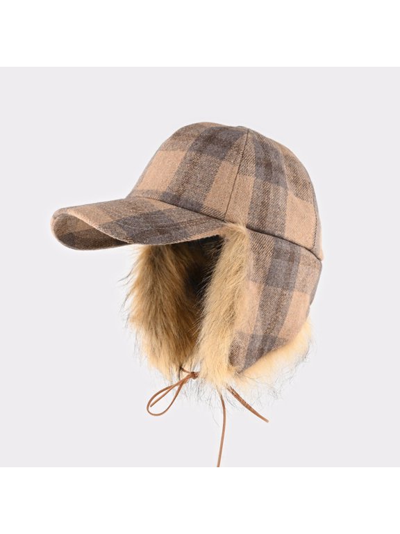 Plaid Fleece Trapper Hat Convertible Baseball Cap Warm Winter Ear Flap Hat
