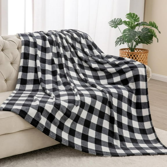 Plaid Fleece Twin Blanket for Couch & Bed, Black & White Checkered Flannel Blanket, Cozy & Soft Buffalo Plaid Decor Blanket for Women, Men, 60"x80"