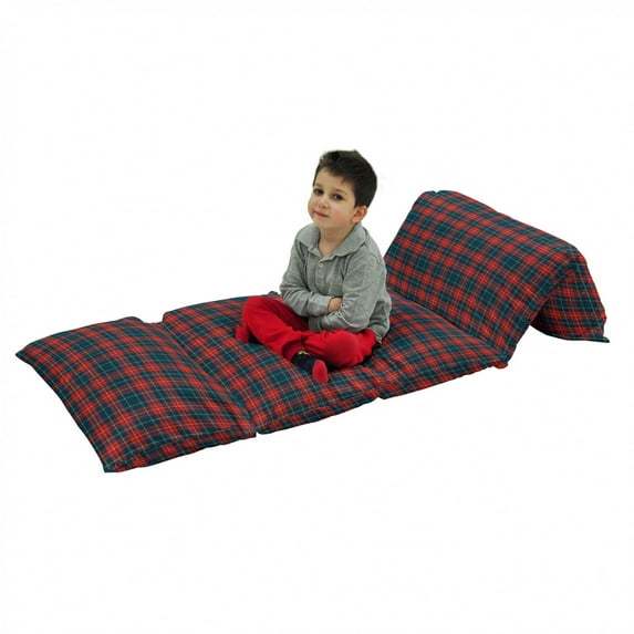 Plaid Floor Pillow Lounger Cover, Continuing Squares Traditional Classic Checkered Inspired Pattern, Nap Mat Printed Fabric Case for 5 Pillows, 88" x 36", Night Blue and Dark Coral, by Ambesonne