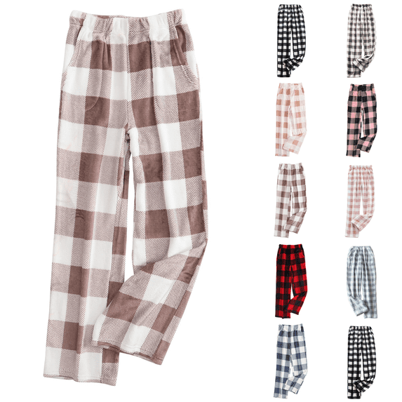 Plaid Fluffy Pajama Pants Womens Fuzzy Fleece Cozy Lounge Pants with Pockets Winter Warm Pj Bottoms Brown 2XL