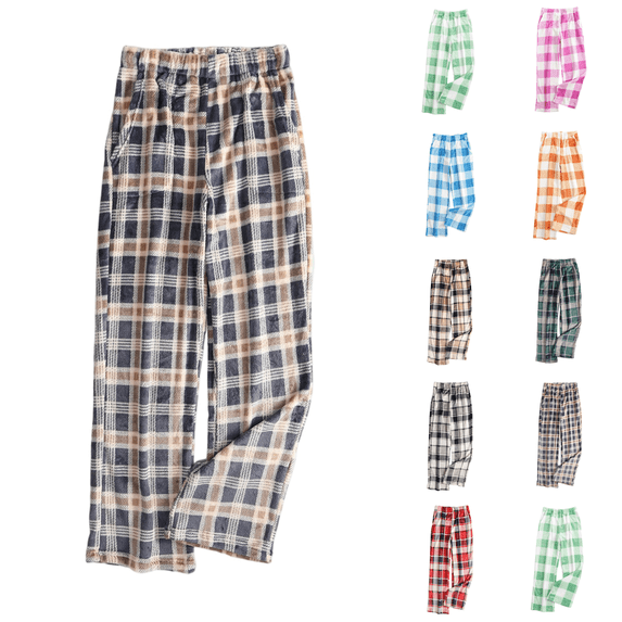 Plaid Fluffy Pajama Pants Womens Fuzzy Fleece Cozy Lounge Pants with Pockets Winter Warm Pj Bottoms Brown 3XL