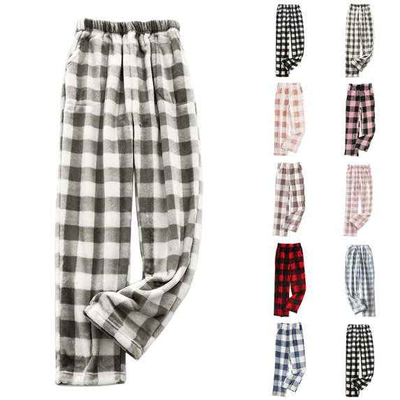 Plaid Fluffy Pajama Pants Womens Fuzzy Fleece Cozy Lounge Pants with Pockets Winter Warm Pj Bottoms Gray 2XL