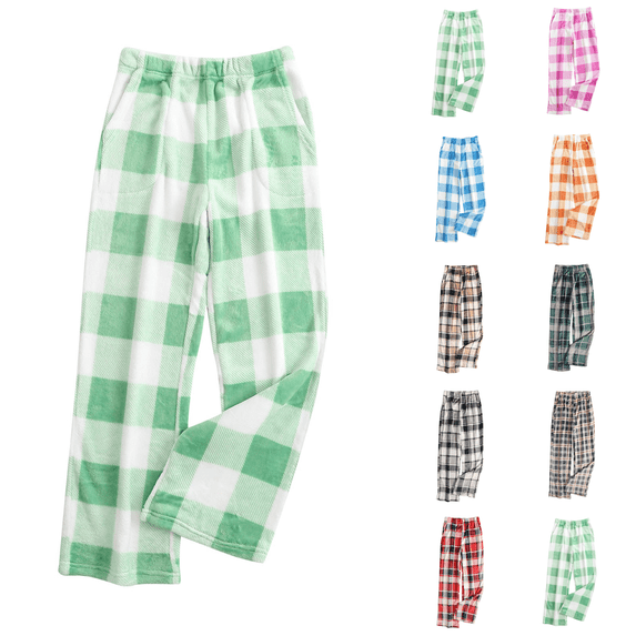 Plaid Fluffy Pajama Pants Womens Fuzzy Fleece Cozy Lounge Pants with Pockets Winter Warm Pj Bottoms Green XL