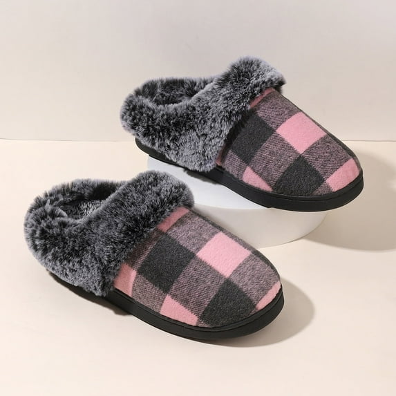 Plaid Fluffy Slippers Women House Flats Winter Designer Shoes Ladies Home Casual Plush Warm Platform Elegant Footwear Large Size (Pink,38-39)