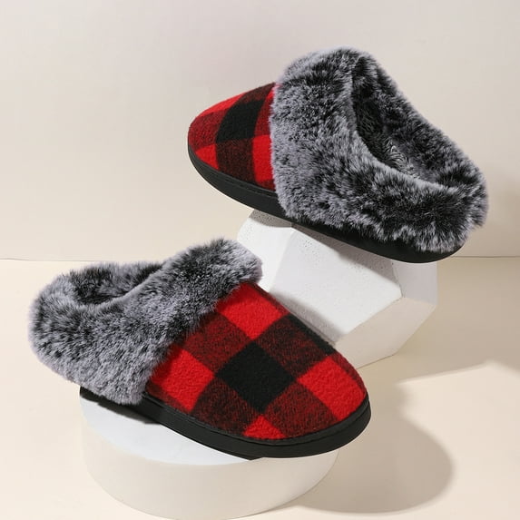 Plaid Fluffy Slippers Women House Flats Winter Designer Shoes Ladies Home Casual Plush Warm Platform Elegant Footwear Large Size (Red,44-45)