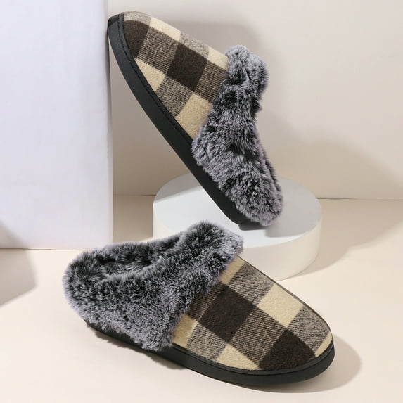 Plaid Fluffy Slippers Women House Flats Winter Designer Shoes Ladies Home Casual Plush Warm Platform Elegant Footwear Large Size (Yellow,40-41)