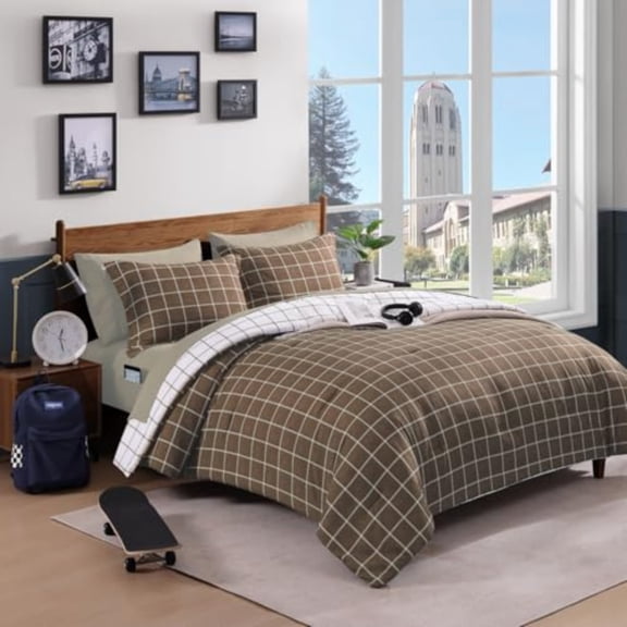Plaid Full Comforter Set Brown Reversible Checkered Bedding Set 7 Pieces for Boys Girls Teen Lightweight Bed in a Bag for Dorm with Sheets Pillowcases and Shams