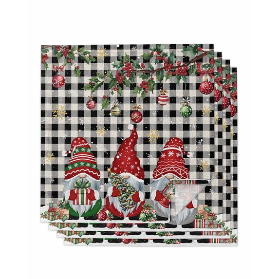 Plaid Gnomes Christmas Cloth Napkins Set of 4 Reusable Dinner Napkins, Xmas Ball Gifts Snowflake Cocktail Napkin Washable Table Napkins for Wedding/Holiday Party/Baby Shower 20"x20"
