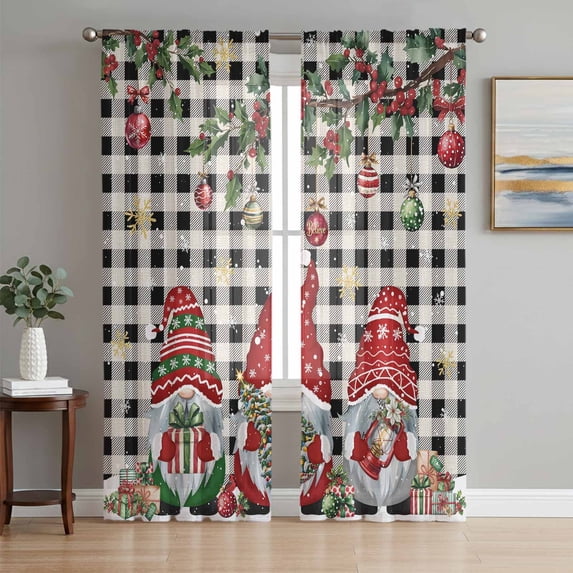 Plaid Gnomes Christmas Sheer Curtains 108 Inch Length 2 Panels Set Window Treatments, Xmas Ball Gifts Snowflake Rod Pocket Semi Curtains for Living Room/Bedroom/Kitchen Décor, 104"W x 108"L