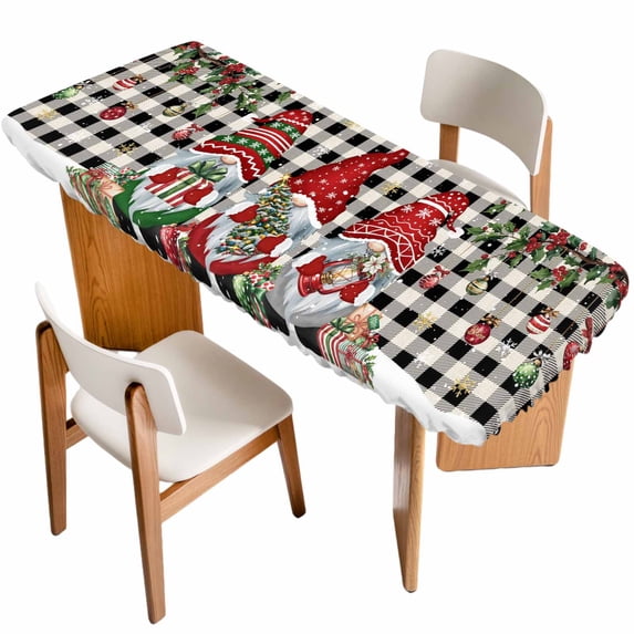 Plaid Gnomes Christmas Table Cloths for 8 Foot Rectangle Tables, Xmas Ball Gifts Snowflake Patio Waterproof Elastic Fitted Tablecloths, Washable Rectangular Table Cover for Camping