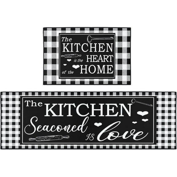 Plaid Gray Black Kitchen Mat Vintage Retro Geometric Rugs Set of 2 Washable Non-Slip Floor Mats Kitchen Decor for Dining Room, Floor Home, Office, Sink, Laundry