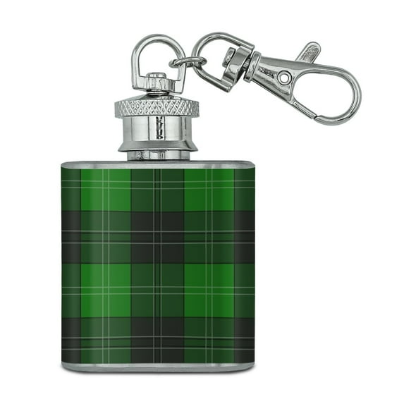 Plaid Green Gray Grey Pattern Stainless Steel 1oz Mini Flask Key Chain