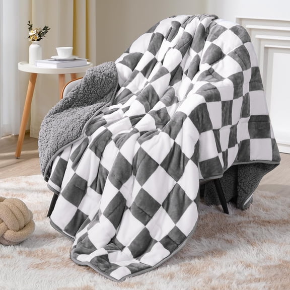 Plaid Grey Sherpa Weighted Blanket Twin/Full Size 15 lbs, Dual Sided Checkerboard Heavy Throw Blanket, 48x72 Inches