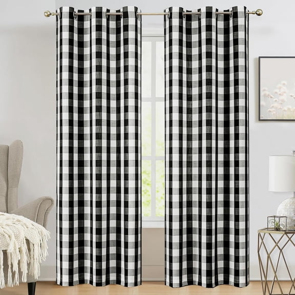 Plaid Grommet Curtains, Semi-Sheer Farmhouse Rustic Check Textured Curtains Drapery for Living Room Bedroom,Black & White 26"W x 45"L (Pack of 2)