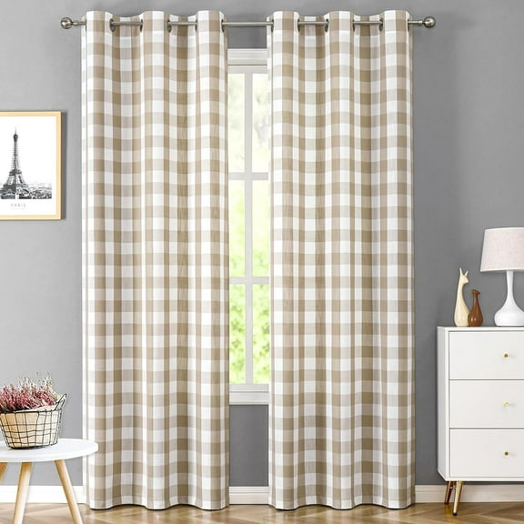 Plaid Grommet Curtains, Tan Semi-Sheer Gingham Check Farmhouse Rustic Textured Curtains Drapery for Living Room Bedroom, Linen & White 26"W x 45"L (Pack of 2)