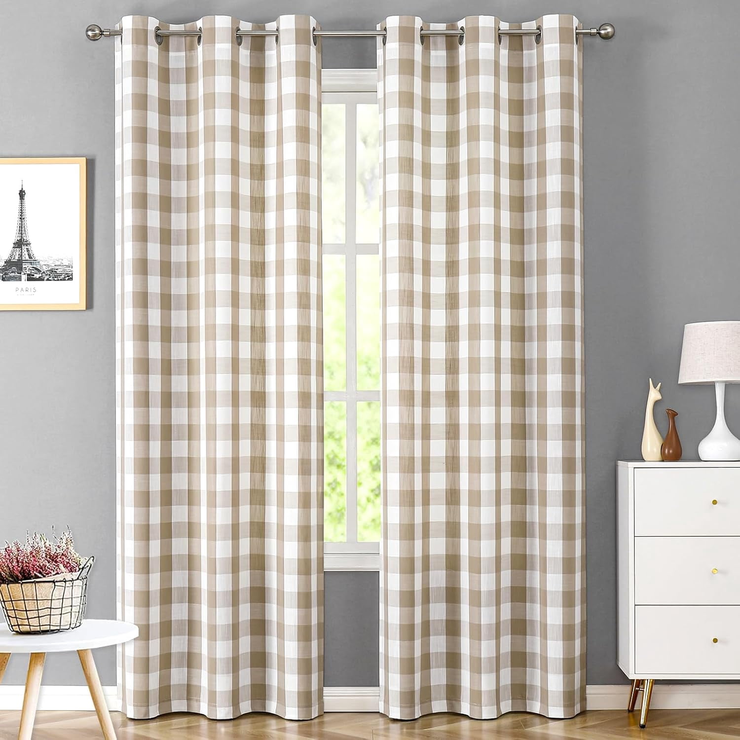 Plaid Grommet Curtains, Tan Semi-Sheer Gingham Check Farmhouse Rustic Textured Curtains Drapery for Living Room Bedroom, Linen & White 42"W x 63"L (Pack of 2)