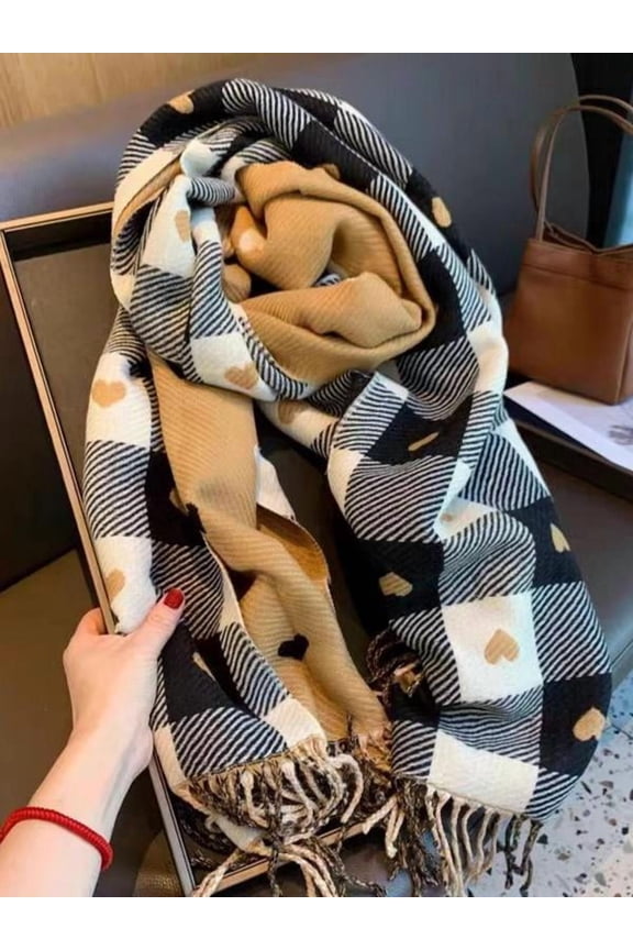 Plaid & Heart Pattern Tassel Decor Scarf, Elegant Soft Warm Thick Shawl for Women & Men, Fashion Accessories for Fall & Winter, Double Sided Scarf