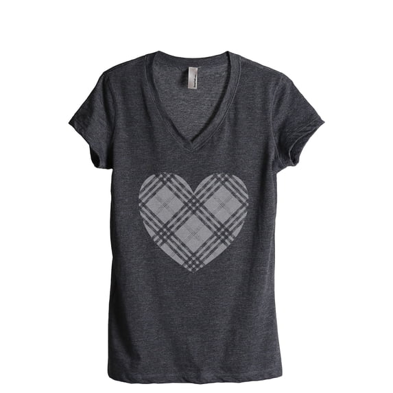 Plaid Heart Women's Fashion Relaxed V-Neck T-Shirt Tee Charcoal Grey Small