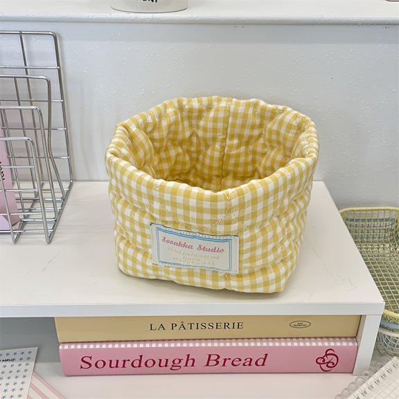Plaid Heart-pattern Storage Basket, Foldable Open-top Barrel-shaped Quilted Storage Bin, Multi-scene Desktop Storage Basket, Suitable for Storing Skincare Products, Cosmetics, Small Items, Etc.