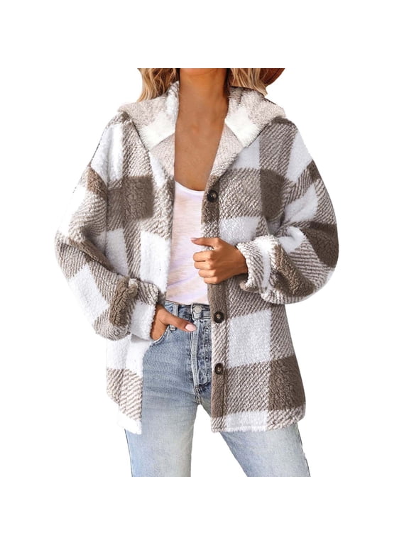 Plaid Hooded Button Up Lined Jacket For Women Warm And Cozy Outerwear For Fall And Winter Juniors Jackets Womens Puffy Vests Women Suit Jacket Cute Women's Jackets Womens Fall Jacket Light Weight