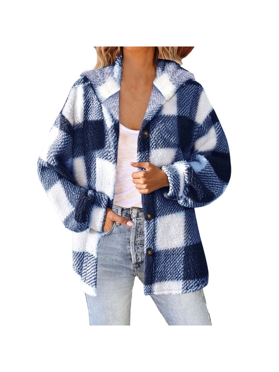 Plaid Hooded Button Up Lined Jacket For Women Warm And Cozy Outerwear For Fall And Winter Juniors Jackets Womens Puffy Vests Women Suit Jacket Cute Women's Jackets Womens Fall Jacket Light Weight