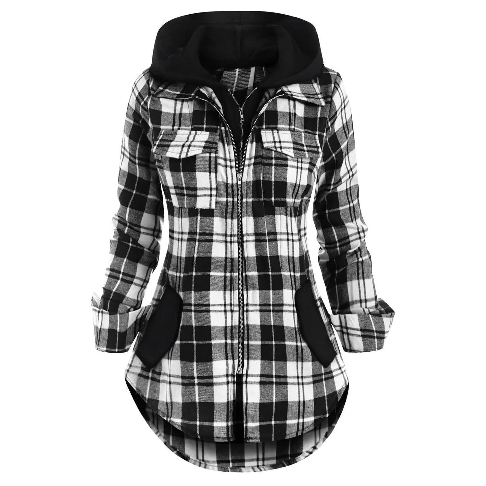 Plaid Hooded Jacket Women's Tunic Long Sleeve Zip up Flannel Shirt