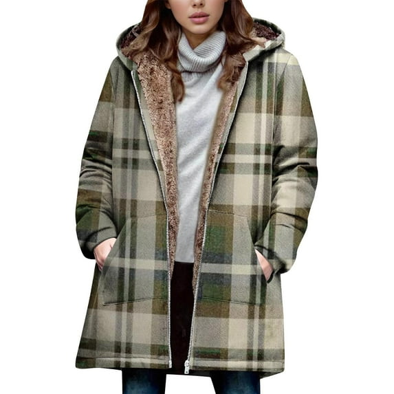 Plaid Hooded Jacket for Woman Casual Loose Fleece Lined Coat Fuzzy Thick Warm Fall Winter Outerwear New Womens Jackets Casual Lightweight Khaki L