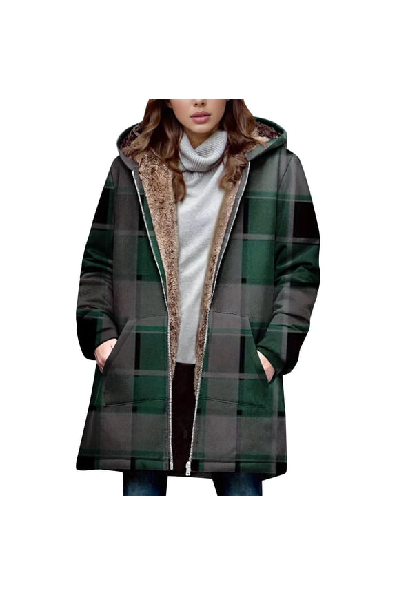 Plaid Hooded Jacket for Woman Casual Loose Fleece Lined Coat Fuzzy Thick Warm Fall Winter Outerwear New Womens Lightweight Jackets Army Green XXL