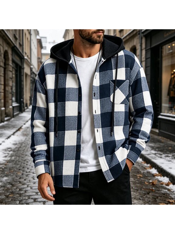 Plaid Hooded Shirt Jacket Buffalo Check Button Front Casual Outerwear S-2XL
