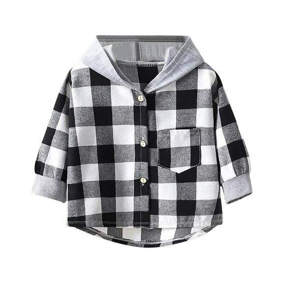 Plaid Hooded Shirt Kids Long Sleeve Button Down Shirts Jacket Coat Boys Girls Fall Casual School Clothes Black 10 Years