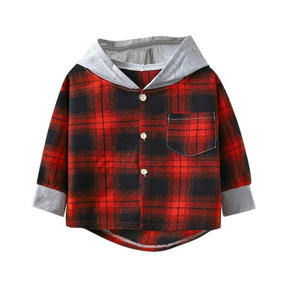 Plaid Hooded Shirt Kids Long Sleeve Button Down Shirts Jacket Coat Boys Girls Fall Casual School Clothes Red 10 Years