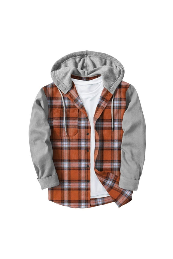 Plaid Hoodie Jacket for Men Teen Boys Patchwork Flannel Cotton Button Up Hooded Sweatshirt Outwear with Pocket (L, Orange)