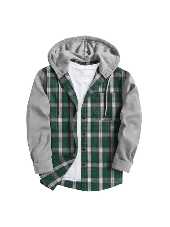 Plaid Shirt Jacket Mens Patchwork Flannel Hoodie Cotton Button Up Hooded Sweatshirt Outwear with Pocket (3XL, Green)