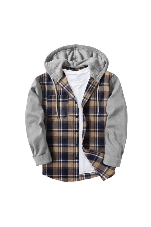 Plaid Hoodie Jacket for Men Teen Boys Patchwork Flannel Cotton Button Up Hooded Sweatshirt Outwear with Pocket (M, Navy)