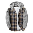 thumbnail image 1 of Plaid Hoodie Jacket for Men Teen Boys Patchwork Flannel Cotton Button Up Hooded Sweatshirt Outwear with Pocket (XL, Navy), 1 of 5