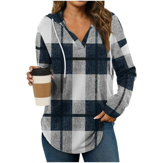 Plaid Hoodie Shirts for Women V-Neck Pullover Sweatshirt Winter Warm Flannel Long Sleeve Drawstring Fashion Hoodies