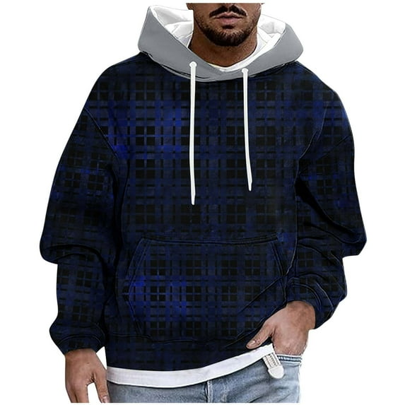 Plaid Hoodies for Men Pullover Color Block Sweatshirts Long Sleeve Drawstring Casual Designer Hoody Tops with Pockets Blue M