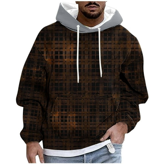 Plaid Hoodies for Men Pullover Color Block Sweatshirts Long Sleeve Drawstring Casual Designer Hoody Tops with Pockets Brown XXXXL